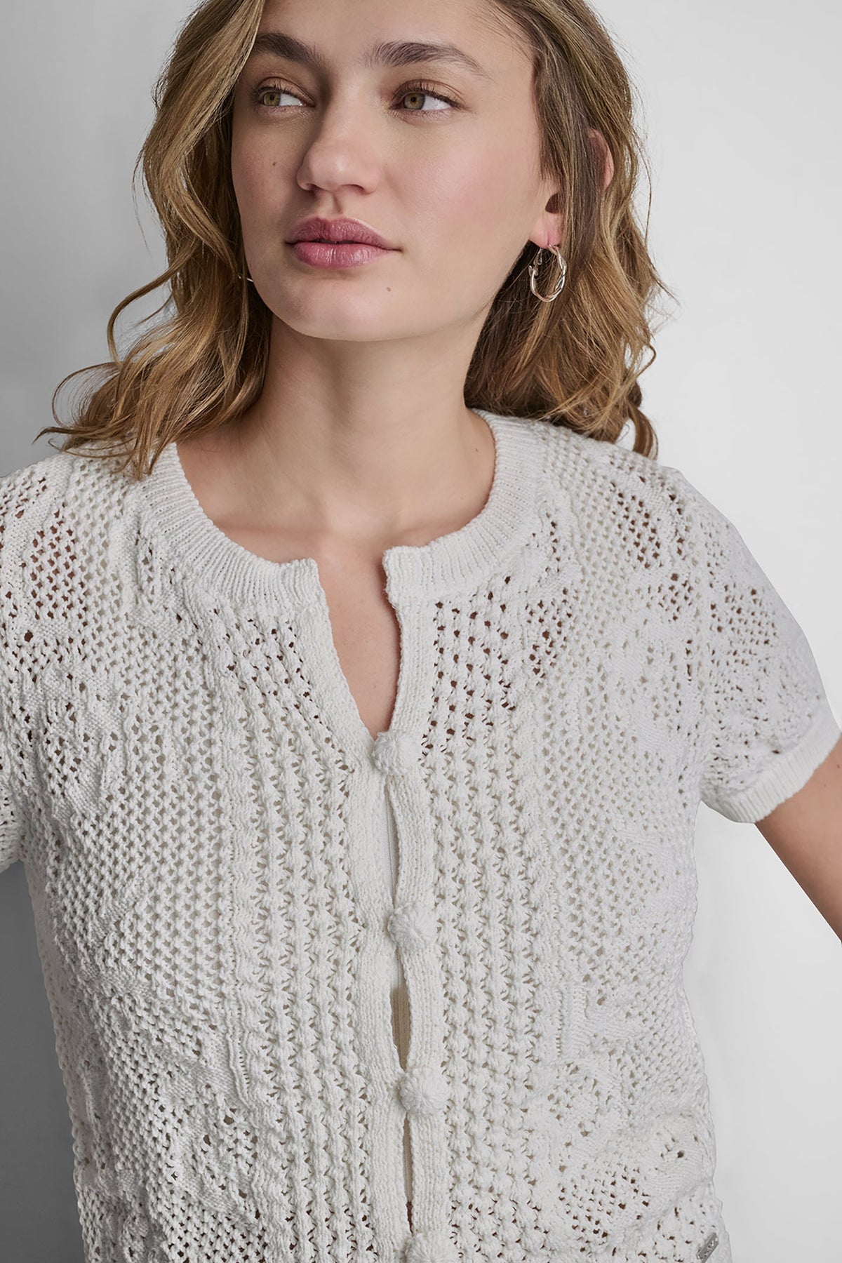 Ivory DKNY LACE STITCH BUTTON FRONT CARDIGAN