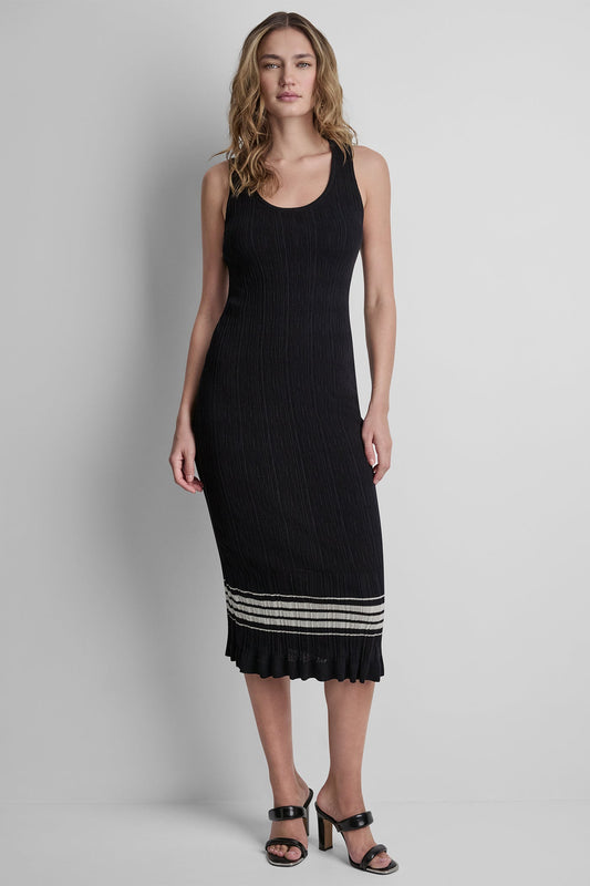 Black/Coconut DKNY RIBBED COTTON-BLEND STRIPE MIDI SWEATER DRESS