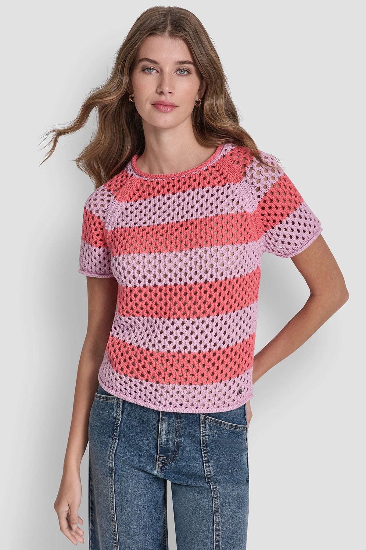 Pastel Yellow/Pebble DKNY OPEN STITCH STRIPE SWEATER