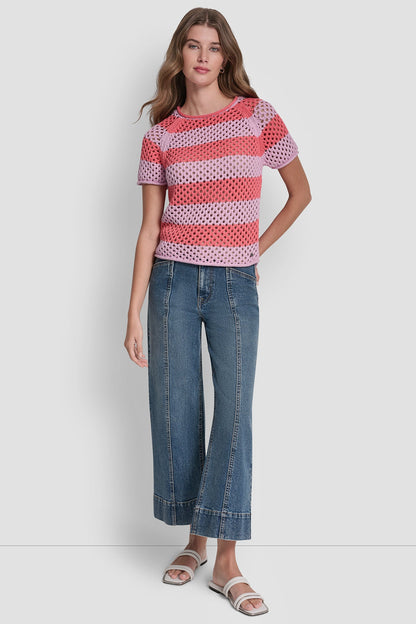Pastel Yellow/Pebble DKNY OPEN STITCH STRIPE SWEATER