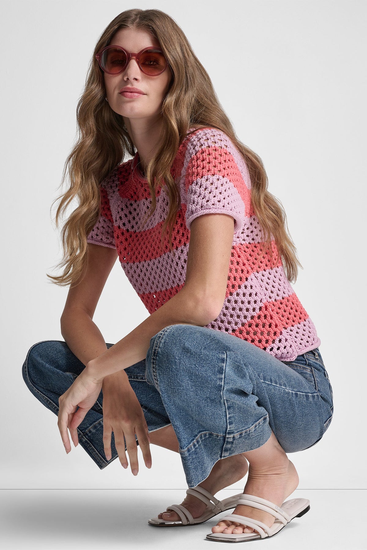 Pastel Yellow/Pebble DKNY OPEN STITCH STRIPE SWEATER