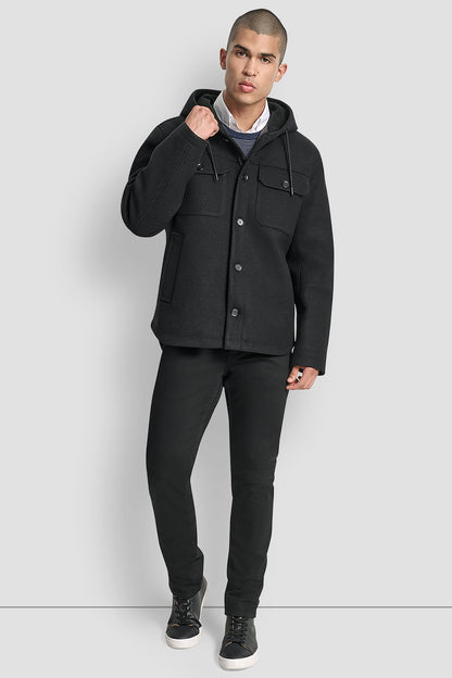 Black DKNY FAUX WOOL HOODED SHIRT JACKET