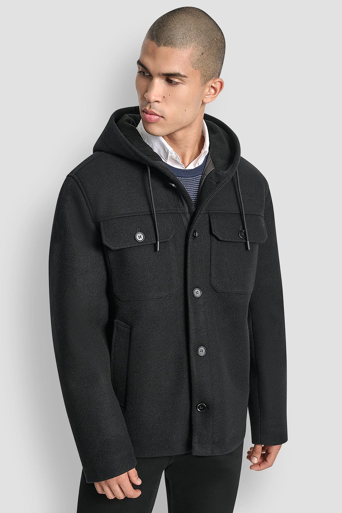 Black DKNY FAUX WOOL HOODED SHIRT JACKET