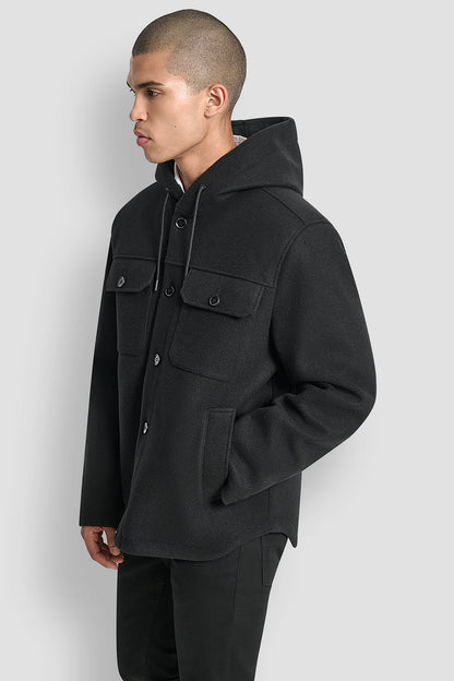 Black DKNY FAUX WOOL HOODED SHIRT JACKET