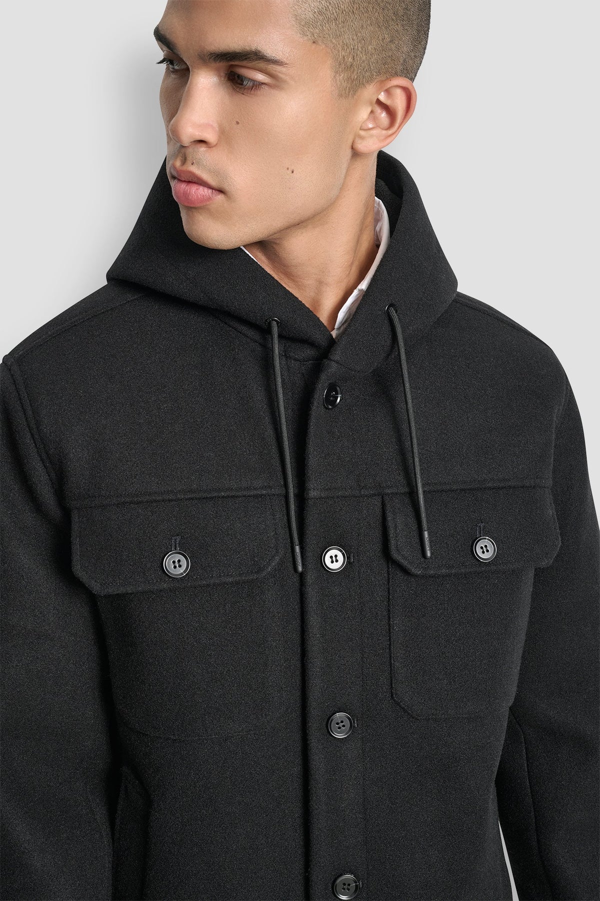 Black DKNY FAUX WOOL HOODED SHIRT JACKET