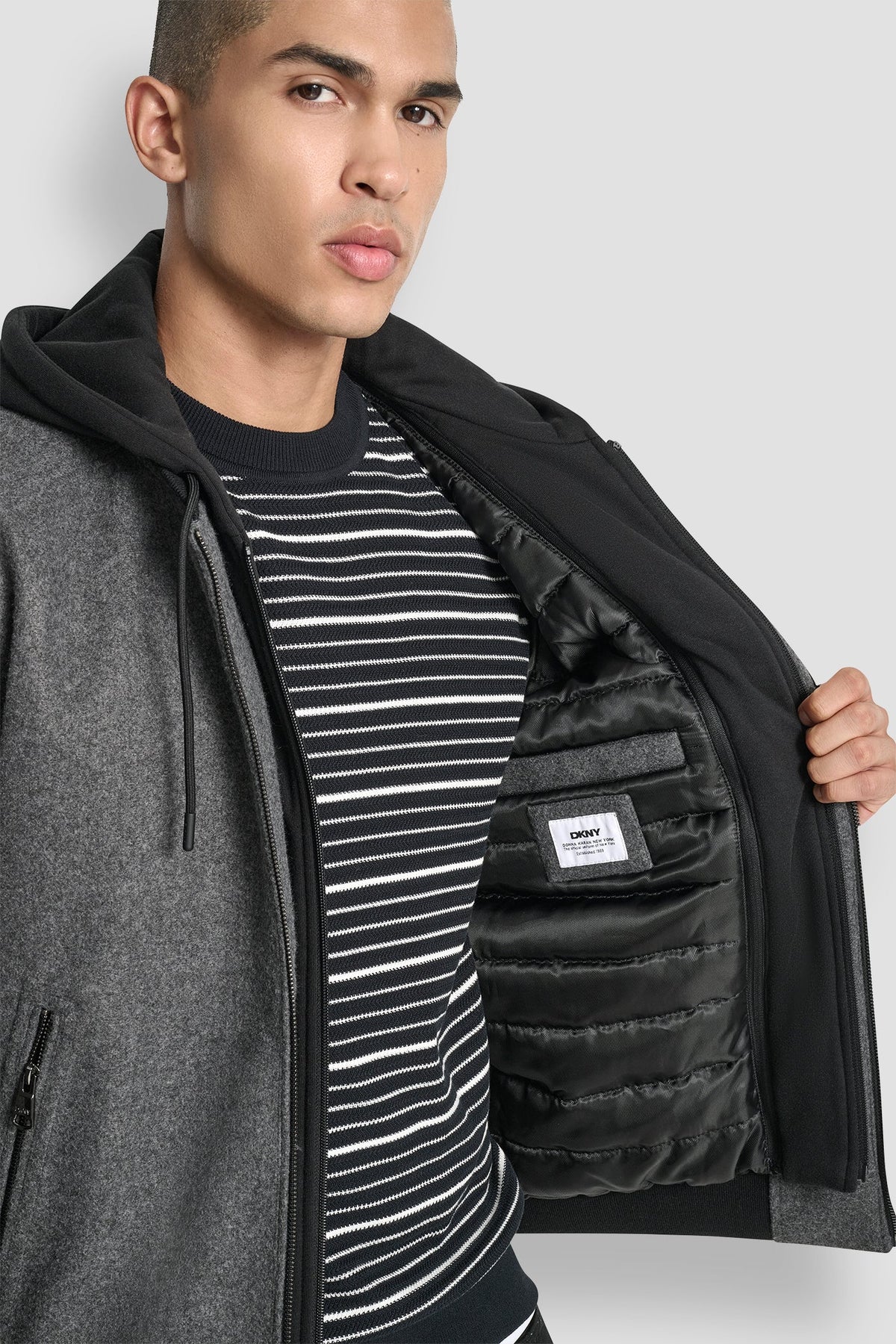 Grey DKNY FAUX WOOL BOMBER WITH HOODED BIB