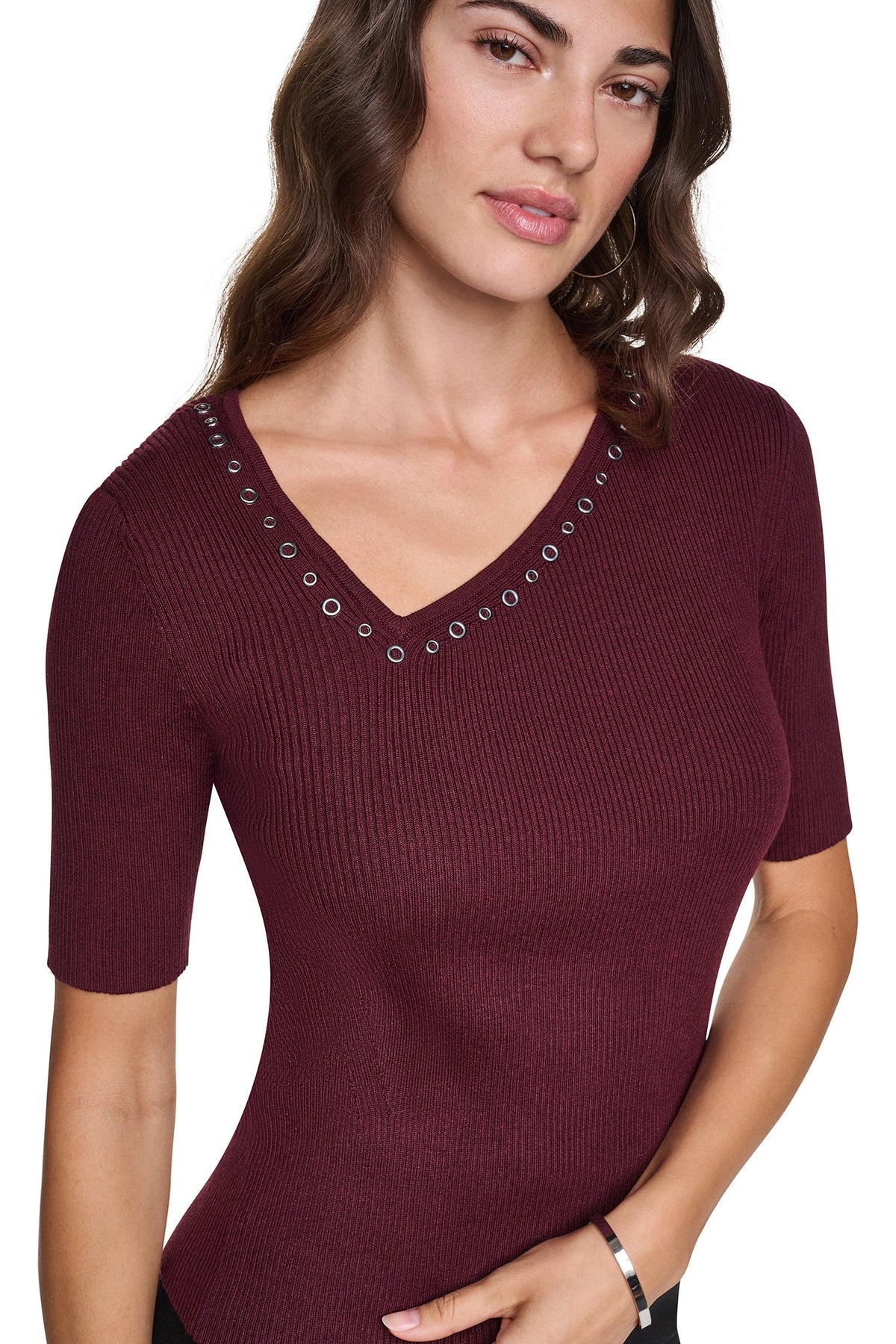 Putty DKNY ASYMMETRIC NECK STUDDED SWEATER