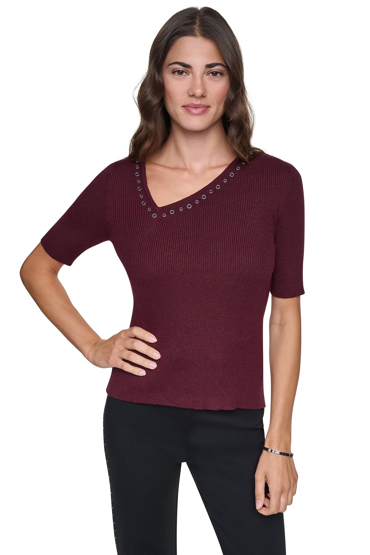 Putty DKNY ASYMMETRIC NECK STUDDED SWEATER