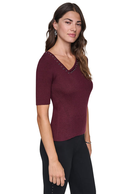 Putty DKNY ASYMMETRIC NECK STUDDED SWEATER
