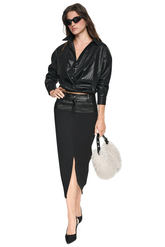 Black DKNY MIXED MEDIA SPLIT FRONT MIDI SKIRT