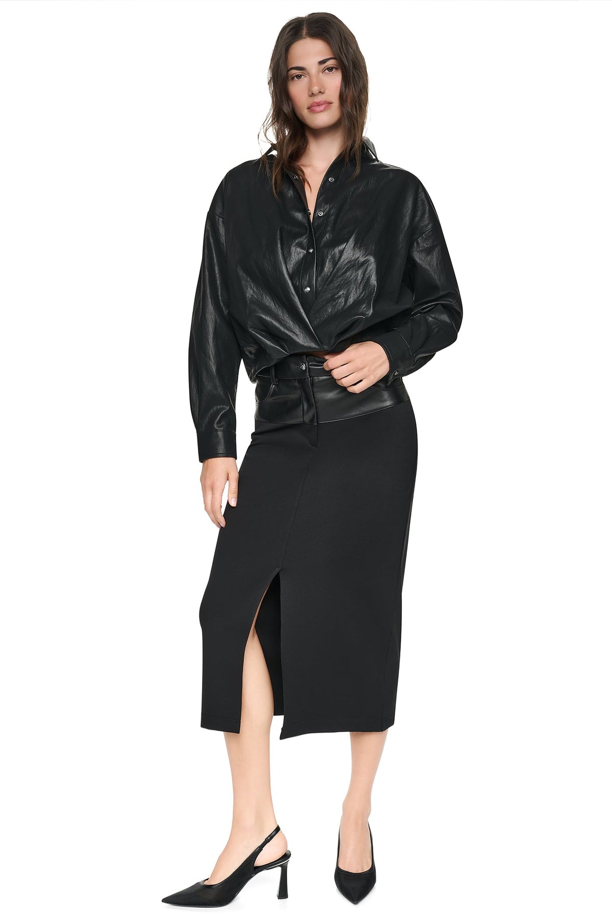 Black DKNY MIXED MEDIA SPLIT FRONT MIDI SKIRT