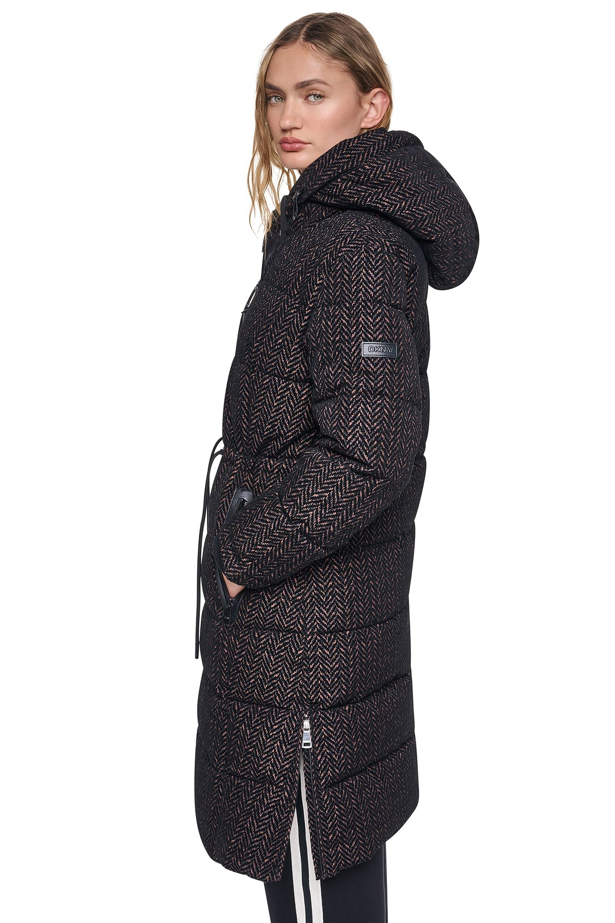 Brown Herringbone DKNY MAXI PUFFER COAT WITH HOOD