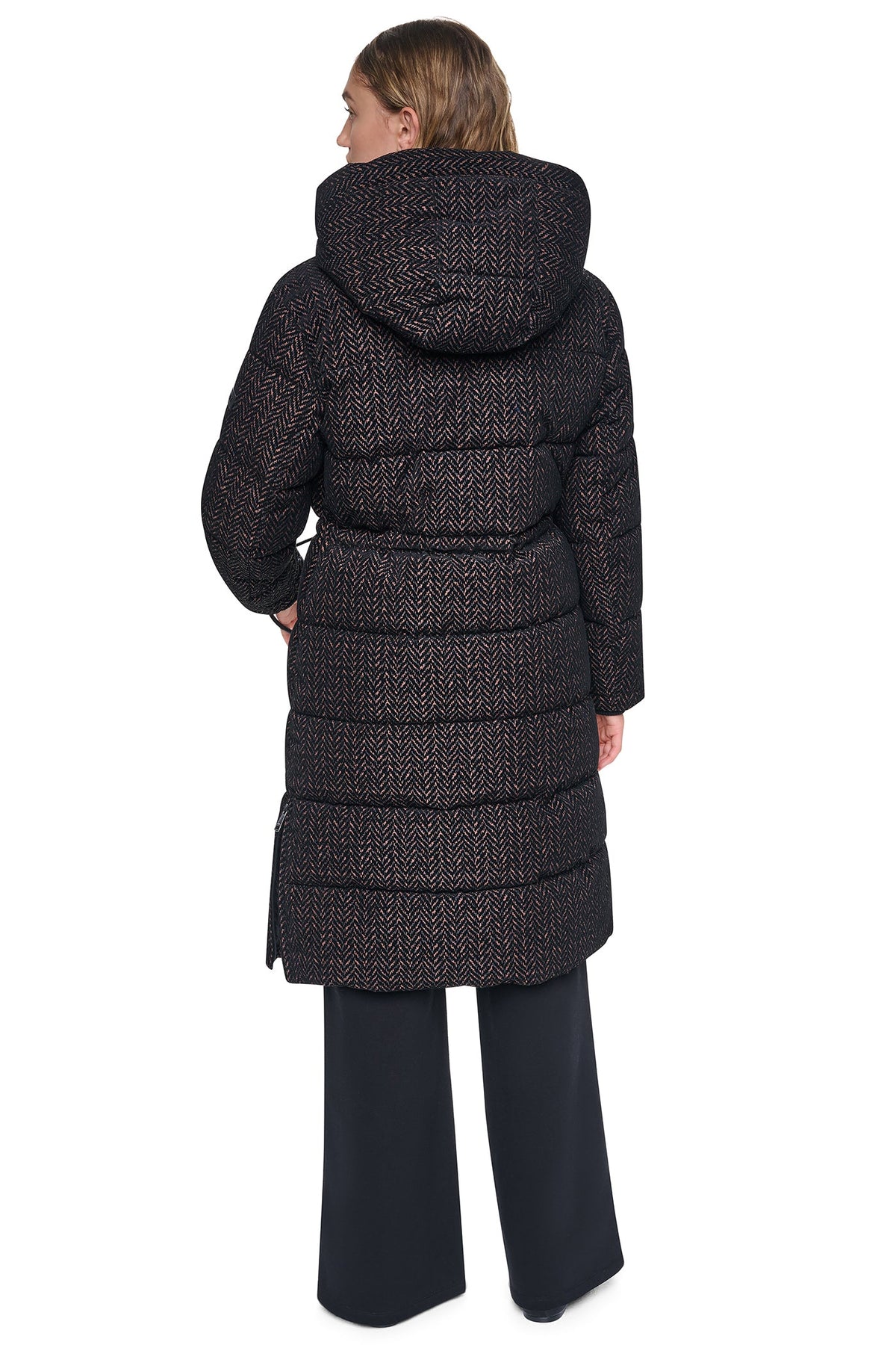 Brown Herringbone DKNY MAXI PUFFER COAT WITH HOOD