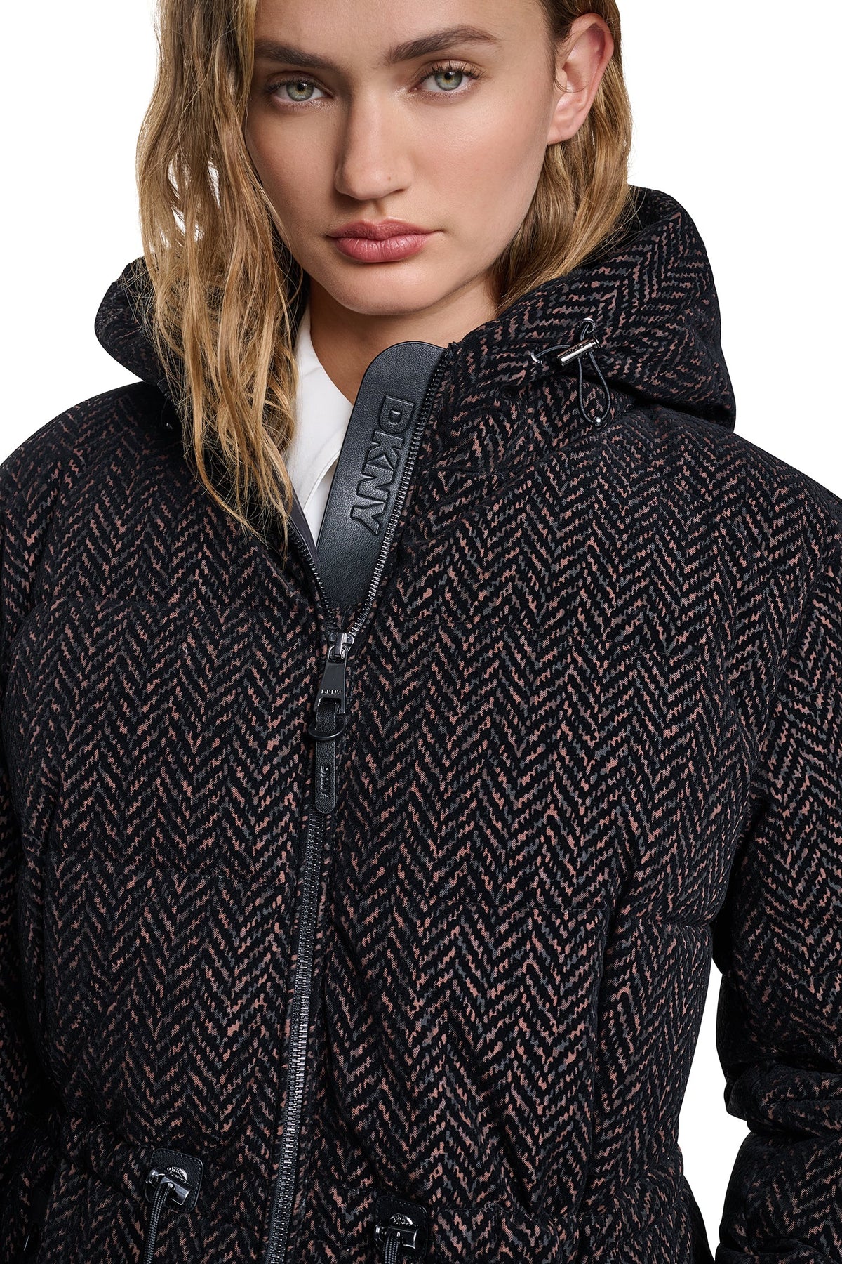 Brown Herringbone DKNY MAXI PUFFER COAT WITH HOOD