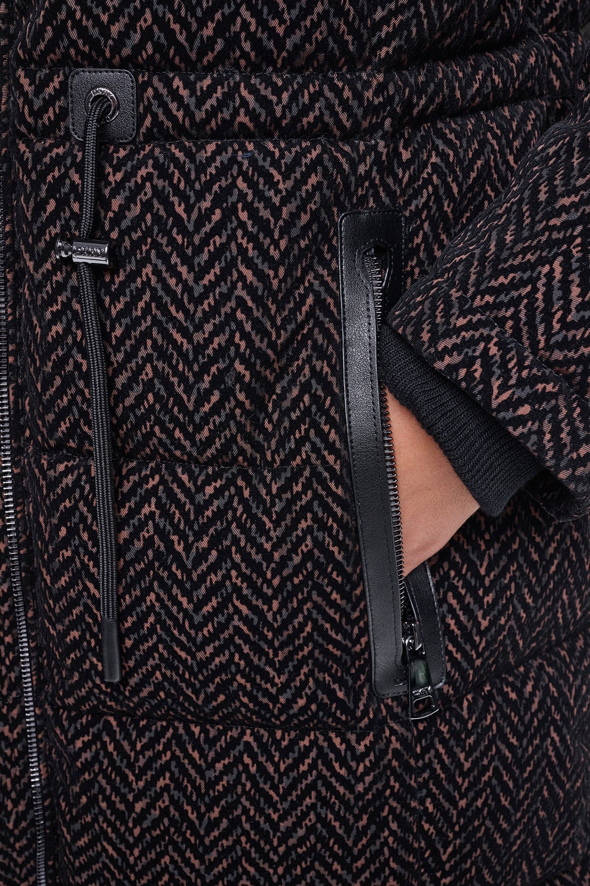 Brown Herringbone DKNY MAXI PUFFER COAT WITH HOOD