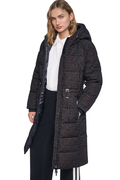 Brown Herringbone DKNY MAXI PUFFER COAT WITH HOOD