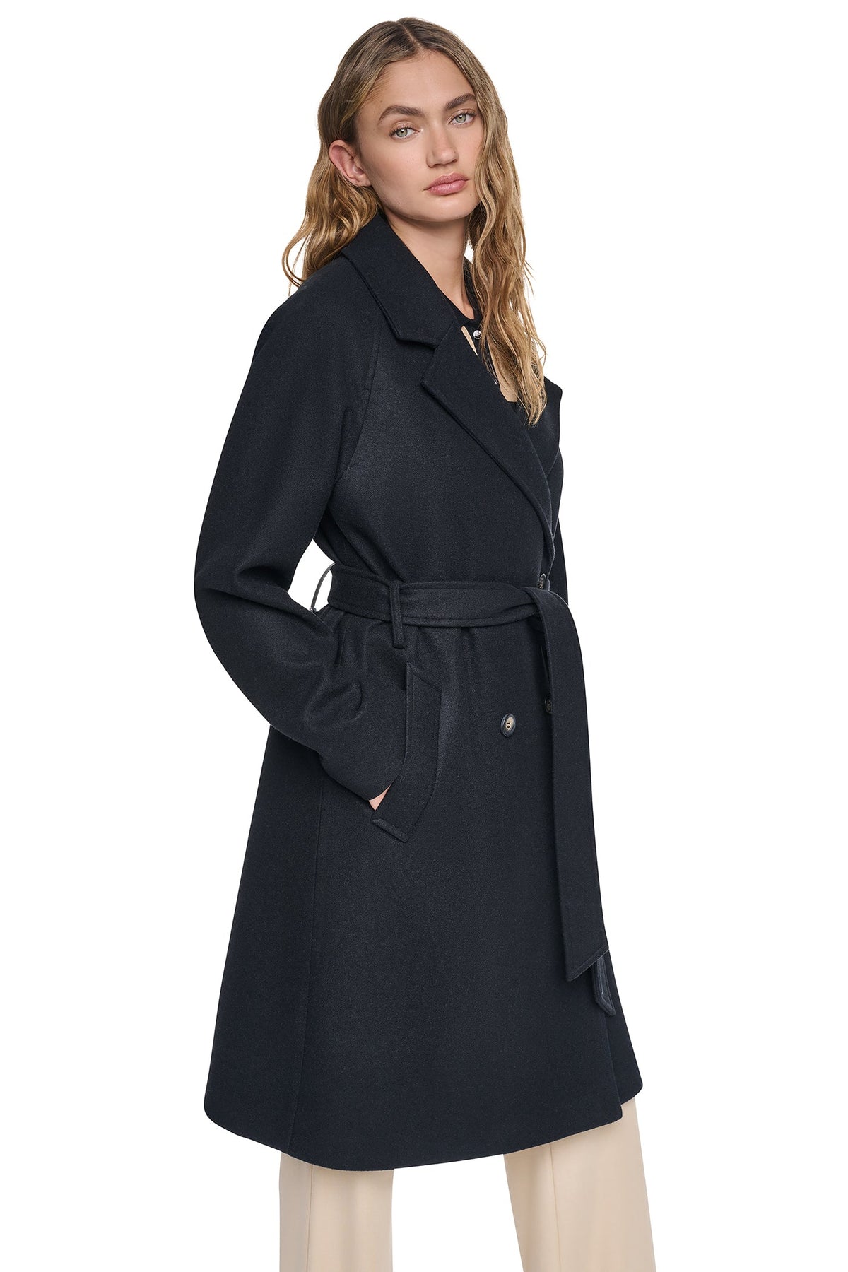 Mid Grey Melange DKNY DOUBLE BREASTED WRAP COAT
