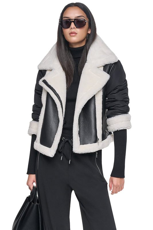 Black/Black DKNY PUFF SLEEVE FAUX SHEARLING JACKET
