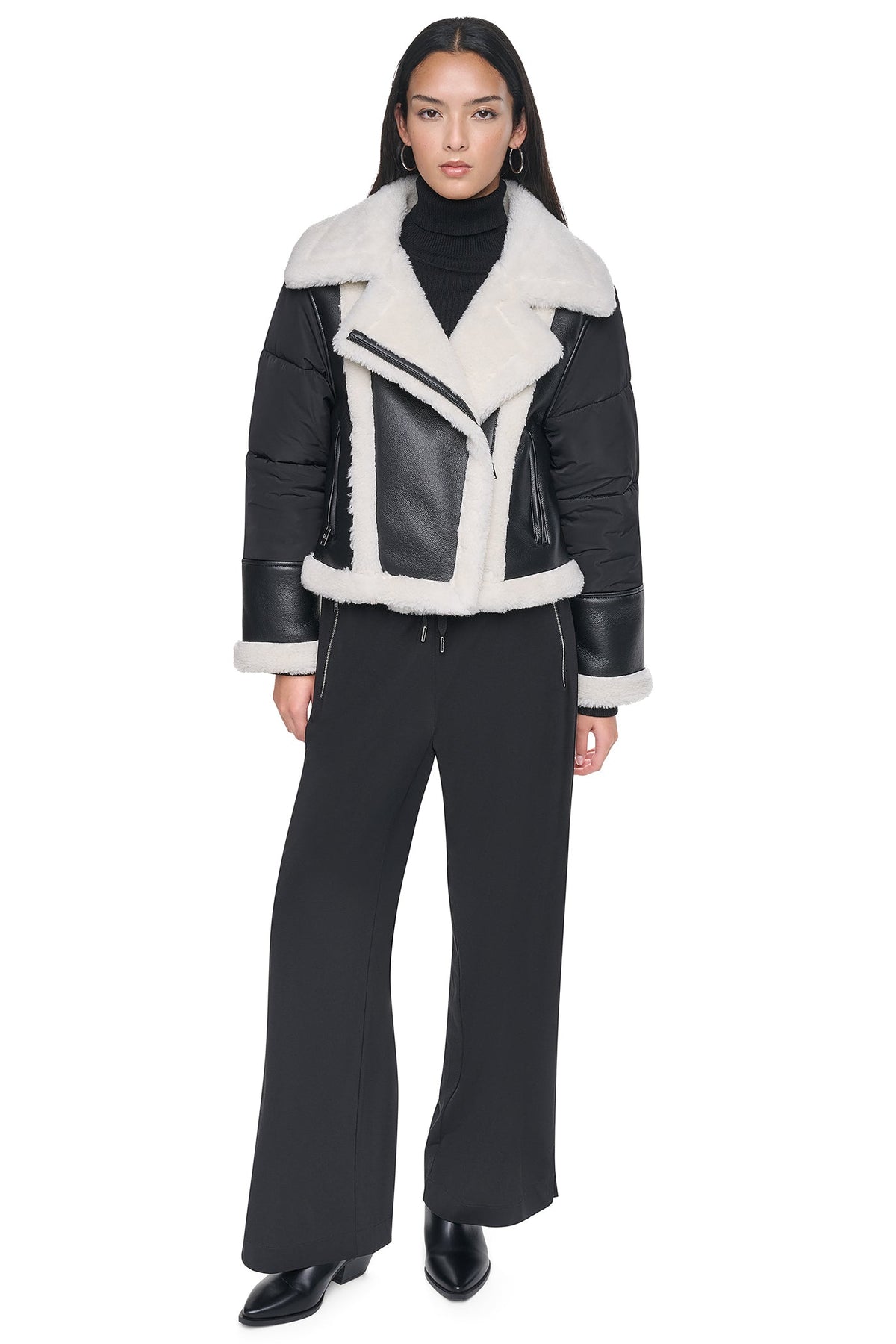 Black/Black DKNY PUFF SLEEVE FAUX SHEARLING JACKET