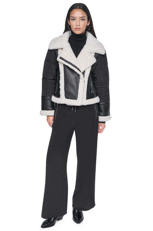 Black/Black DKNY PUFF SLEEVE FAUX SHEARLING JACKET