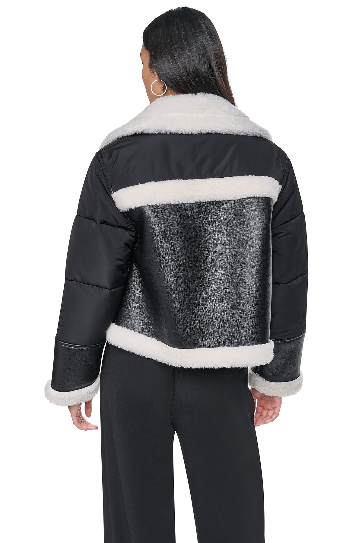 Black/Black DKNY PUFF SLEEVE FAUX SHEARLING JACKET