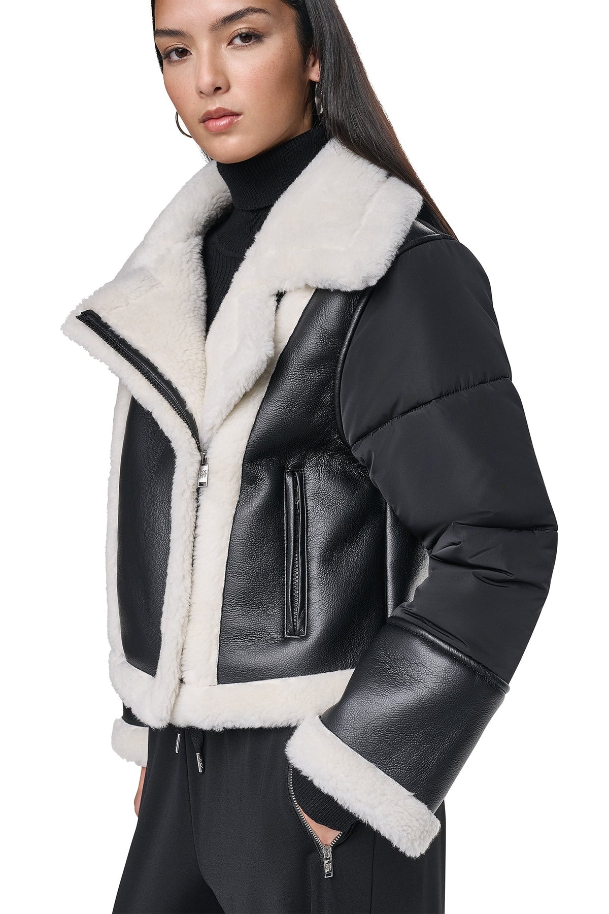 Black/Black DKNY PUFF SLEEVE FAUX SHEARLING JACKET