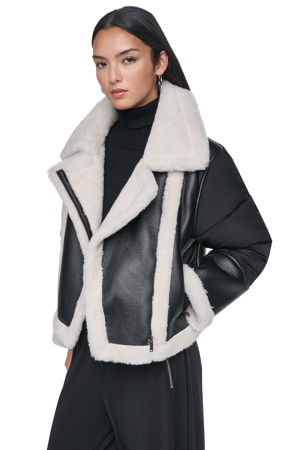 Black/Black DKNY PUFF SLEEVE FAUX SHEARLING JACKET