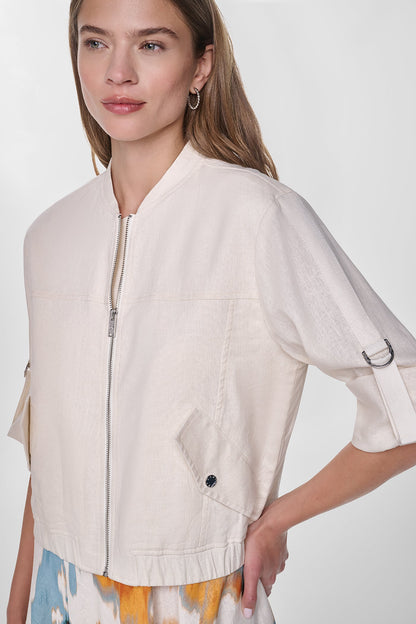 Coconut DKNY LINEN-BLEND ROLL-TAB SLEEVE BOMBER JACKET