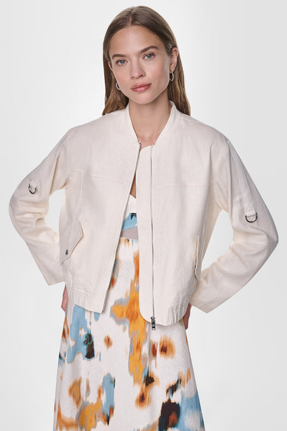 Coconut DKNY LINEN-BLEND ROLL-TAB SLEEVE BOMBER JACKET