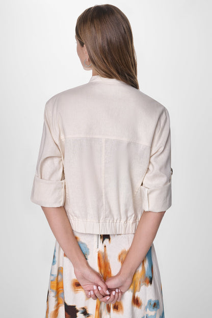 Coconut DKNY LINEN-BLEND ROLL-TAB SLEEVE BOMBER JACKET