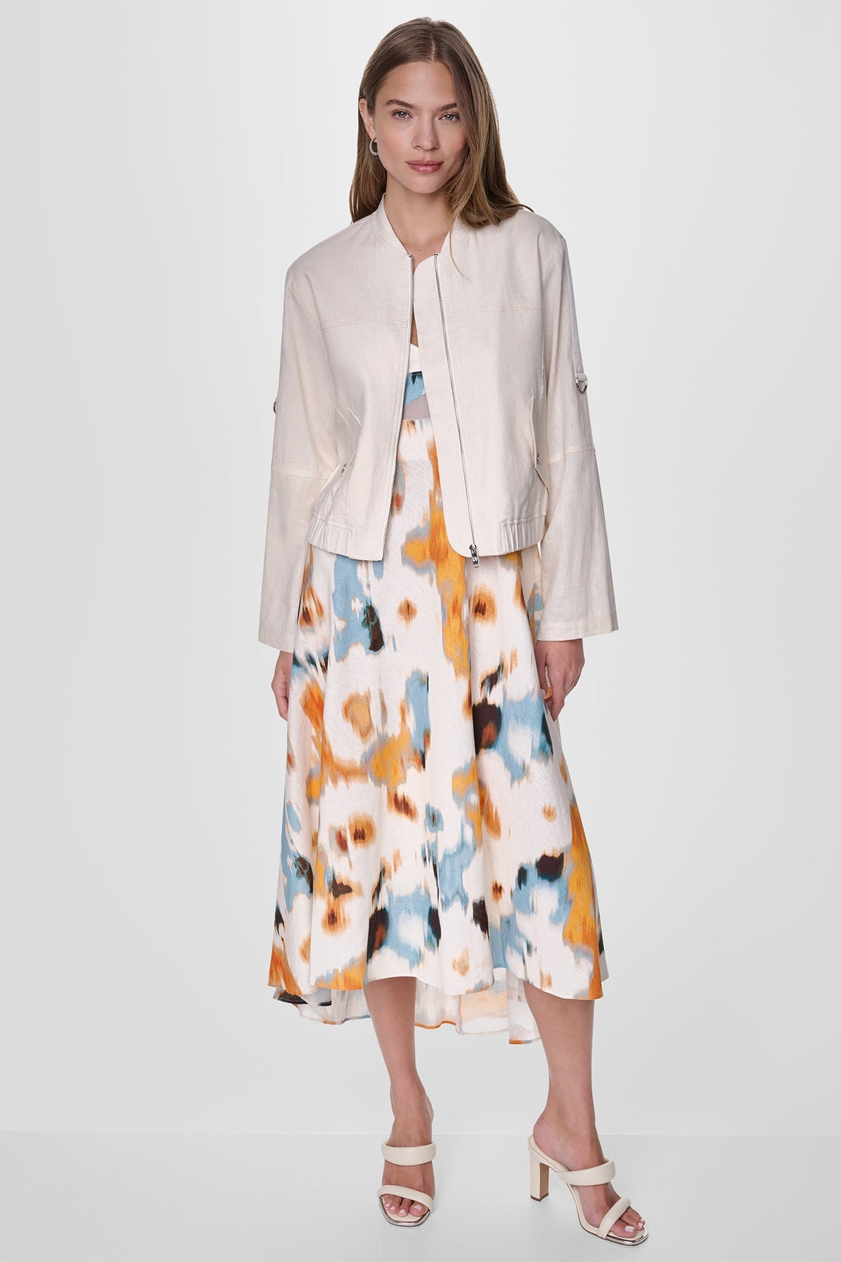 Coconut DKNY LINEN-BLEND ROLL-TAB SLEEVE BOMBER JACKET
