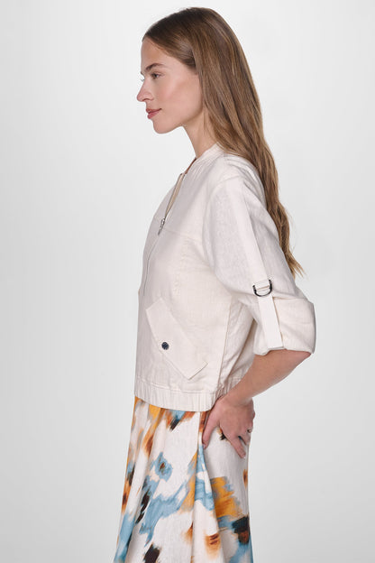 Coconut DKNY LINEN-BLEND ROLL-TAB SLEEVE BOMBER JACKET