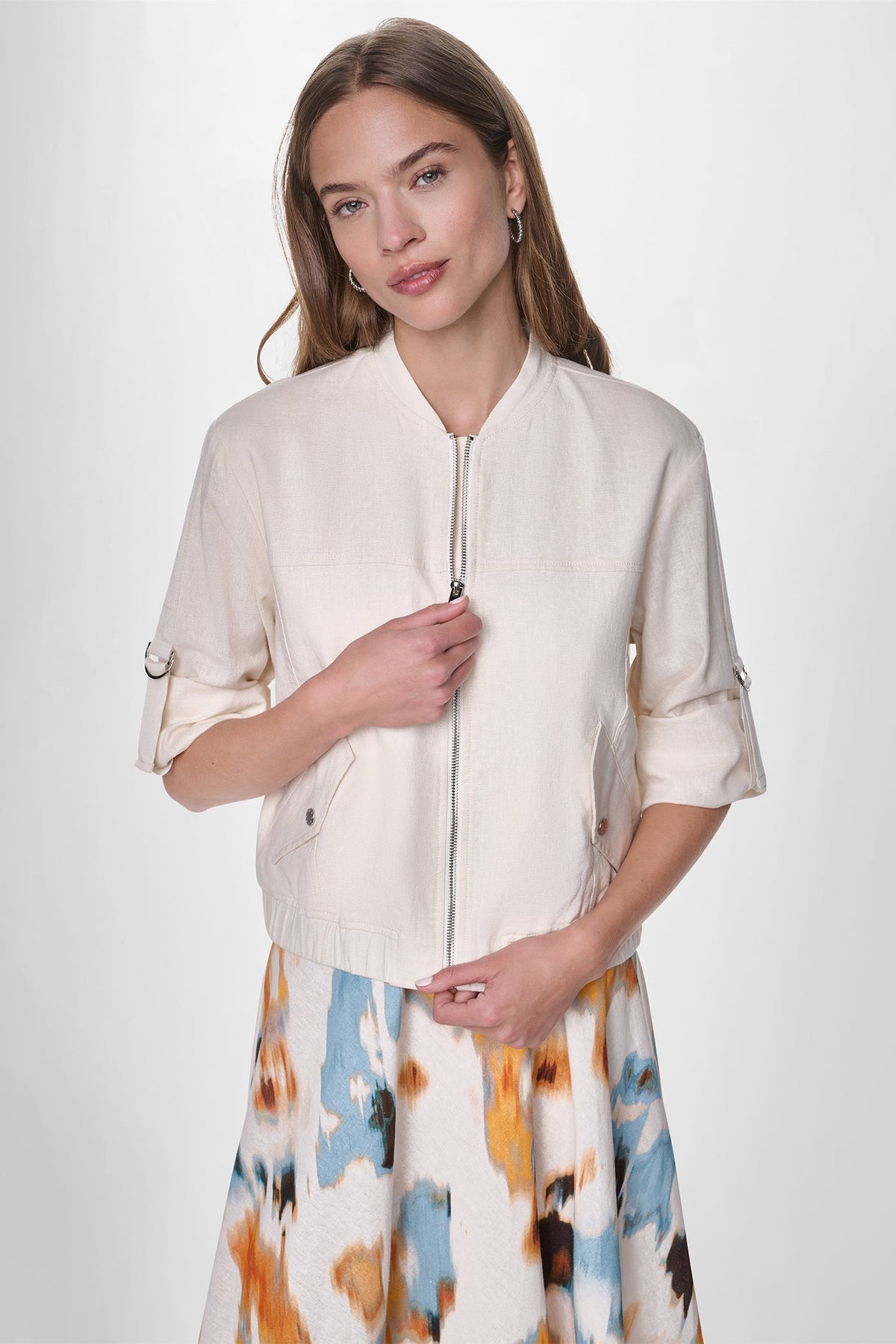 Coconut DKNY LINEN-BLEND ROLL-TAB SLEEVE BOMBER JACKET