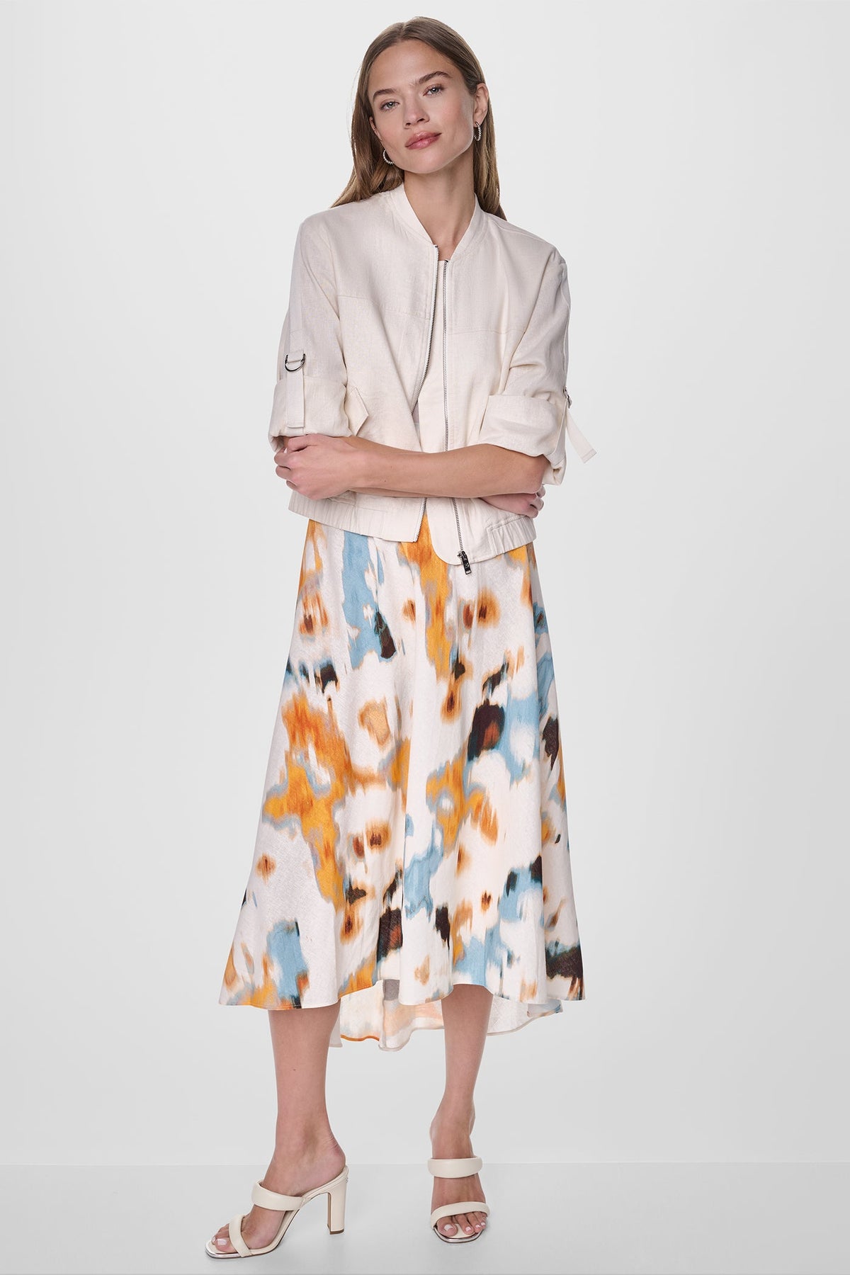 Coconut DKNY LINEN-BLEND ROLL-TAB SLEEVE BOMBER JACKET
