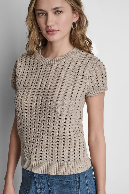 Frost Blue DKNY CHUNKY POINTELLE SHORT SLEEVE SWEATER