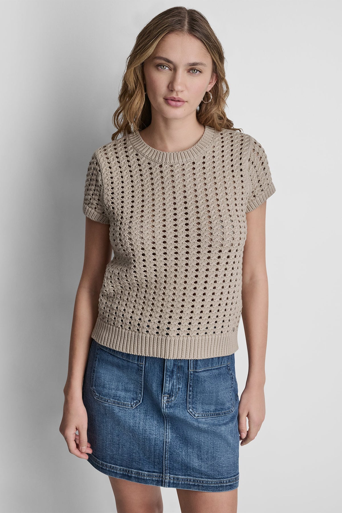 Frost Blue DKNY CHUNKY POINTELLE SHORT SLEEVE SWEATER