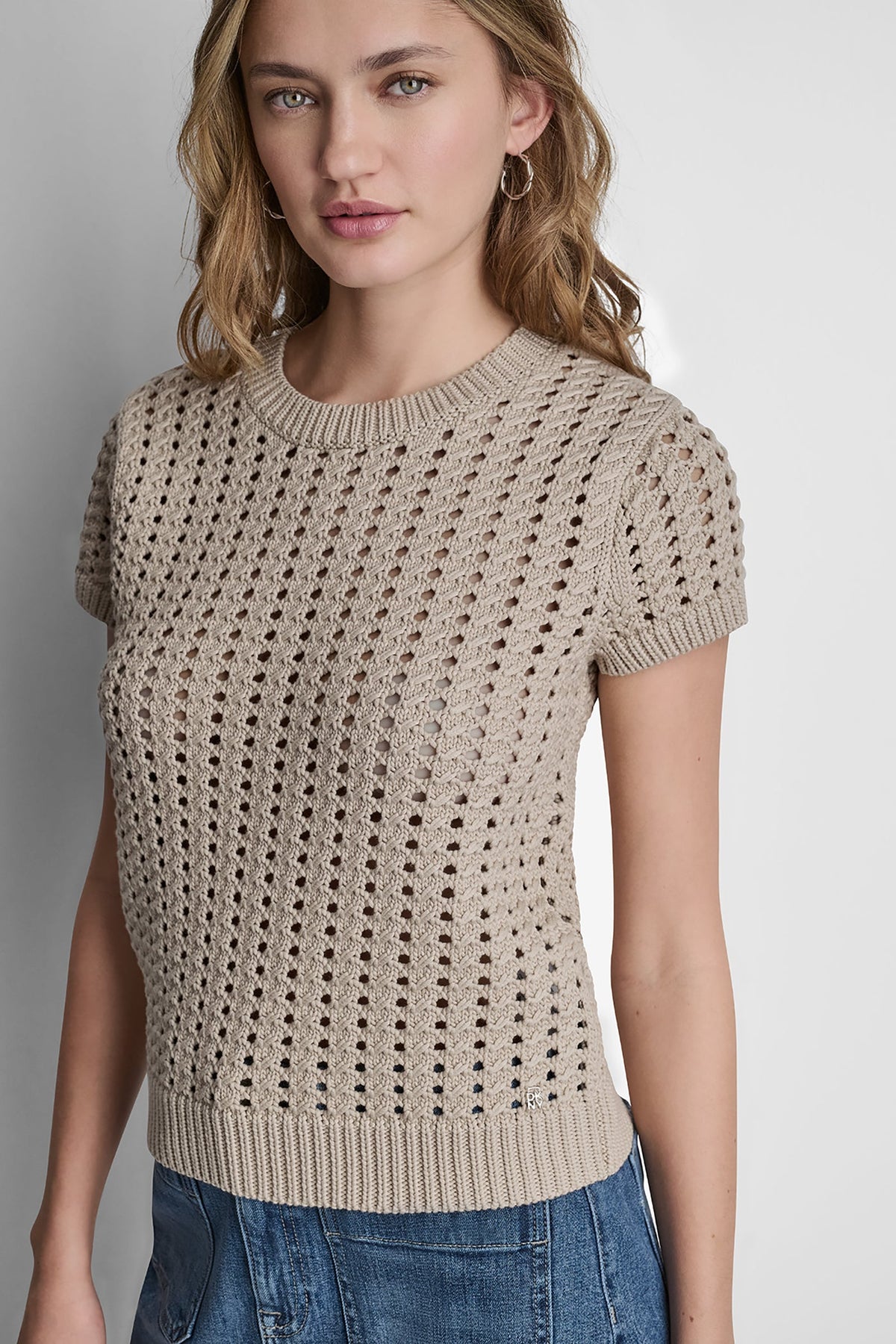 Eggnog DKNY CHUNKY POINTELLE SHORT SLEEVE SWEATER