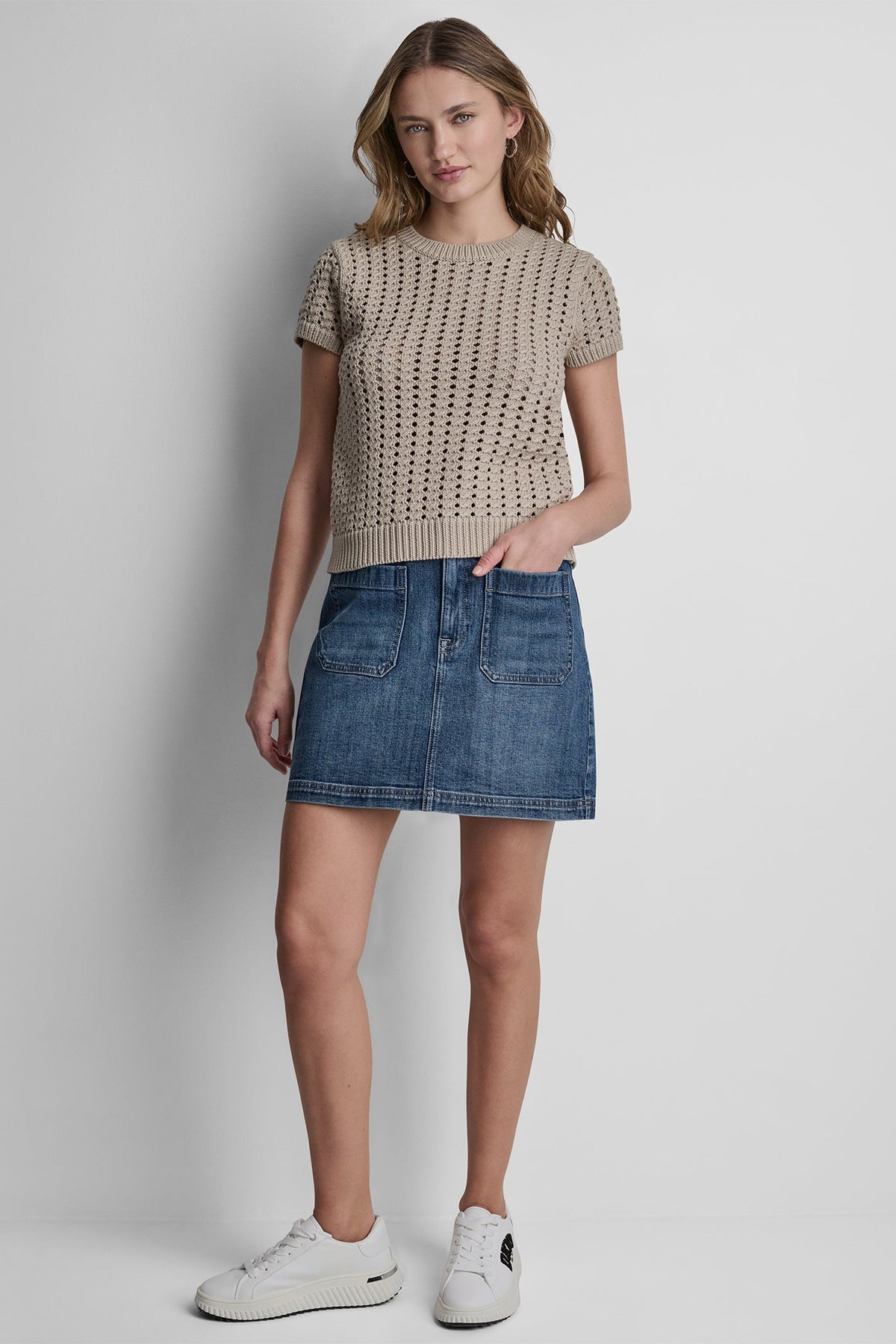 Eggnog DKNY CHUNKY POINTELLE SHORT SLEEVE SWEATER