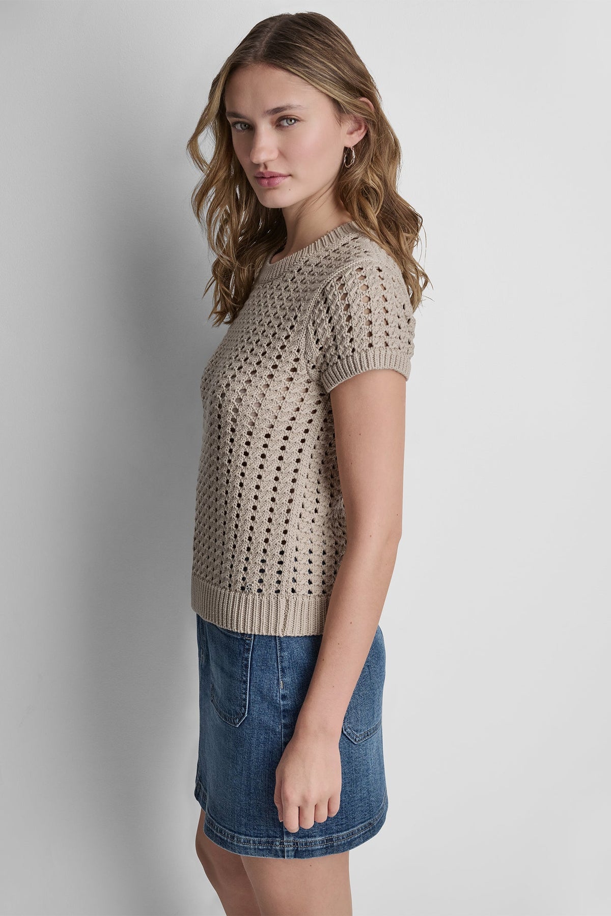 Eggnog DKNY CHUNKY POINTELLE SHORT SLEEVE SWEATER