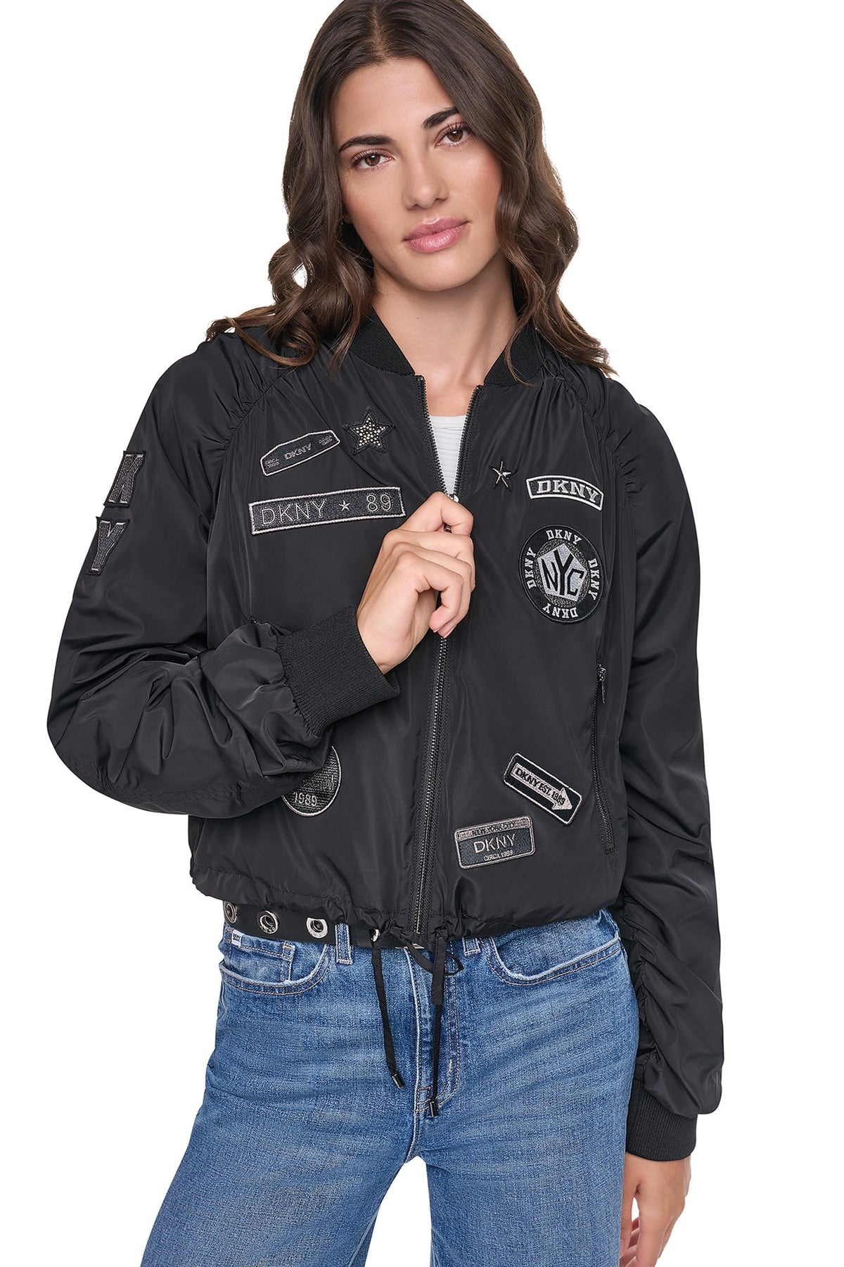 Black DKNY PINS & PATCHES RUCHED JACKET