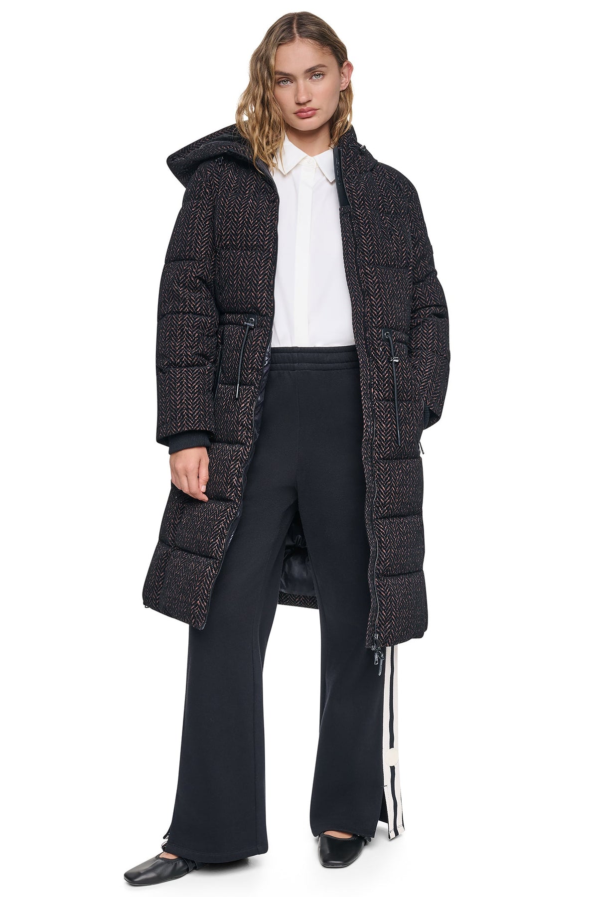 Black DKNY MAXI PUFFER COAT WITH HOOD