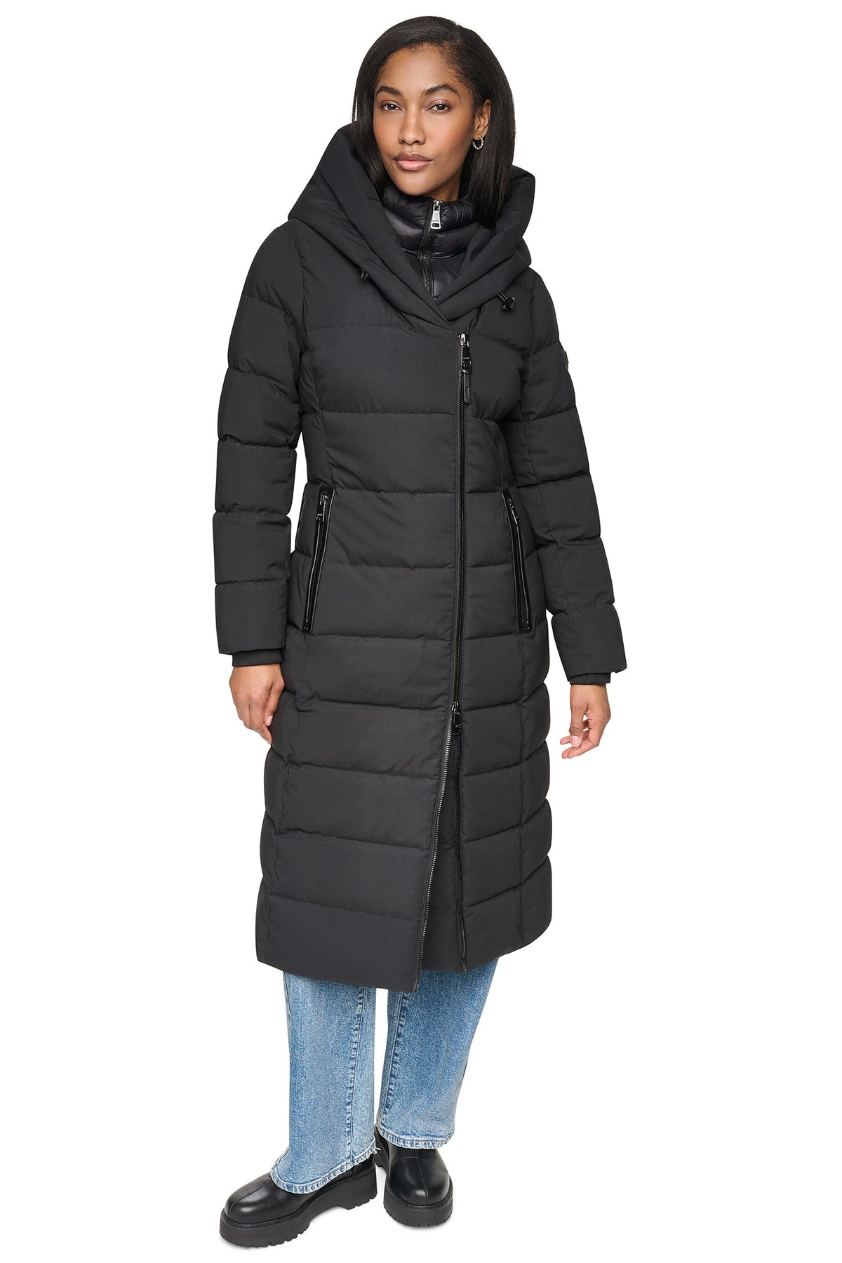 Black DKNY LONG HOODED PUFFER COAT