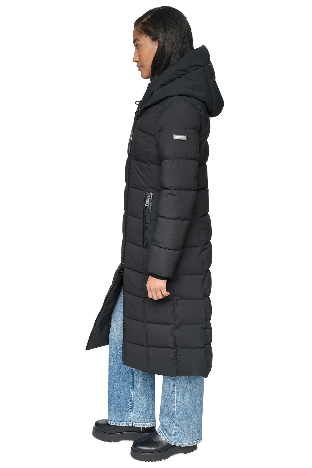 Black DKNY LONG HOODED PUFFER COAT