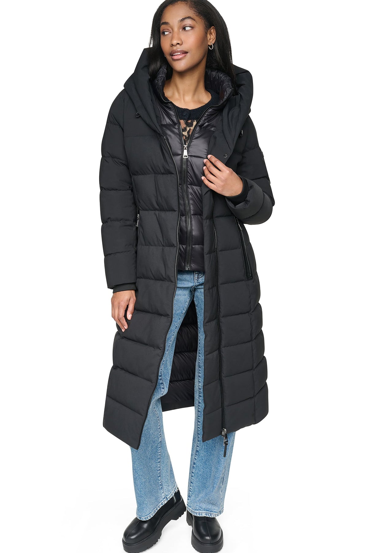 Black DKNY LONG HOODED PUFFER COAT
