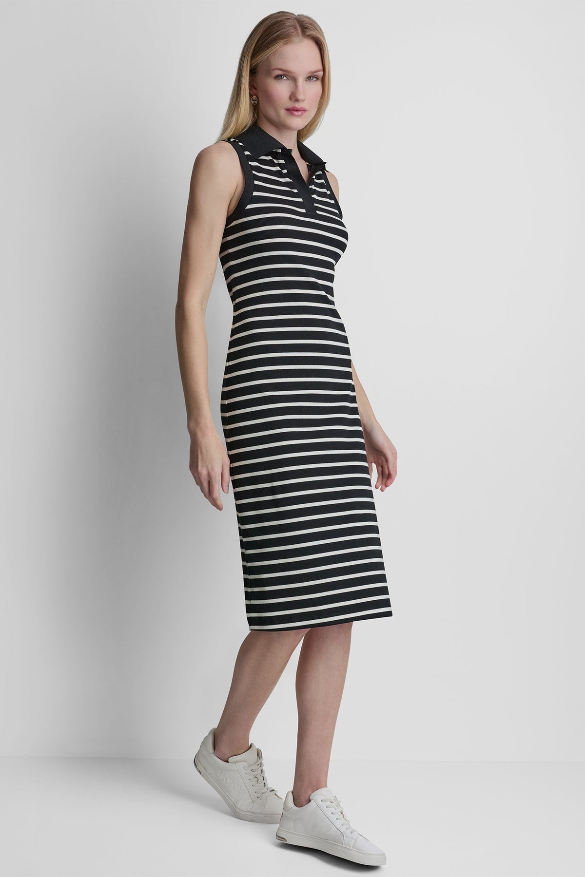 Black/Ivory DKNY COTTON-BLEND SLEEVELESS MIDI SHIFT DRESS