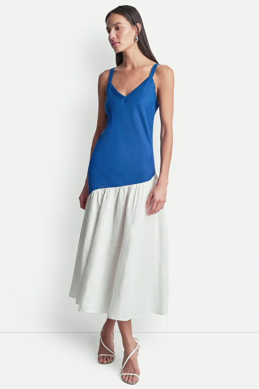 Admiral/White DKNY LINEN SLEEVELESS TWO-TONE MIDI DRESS