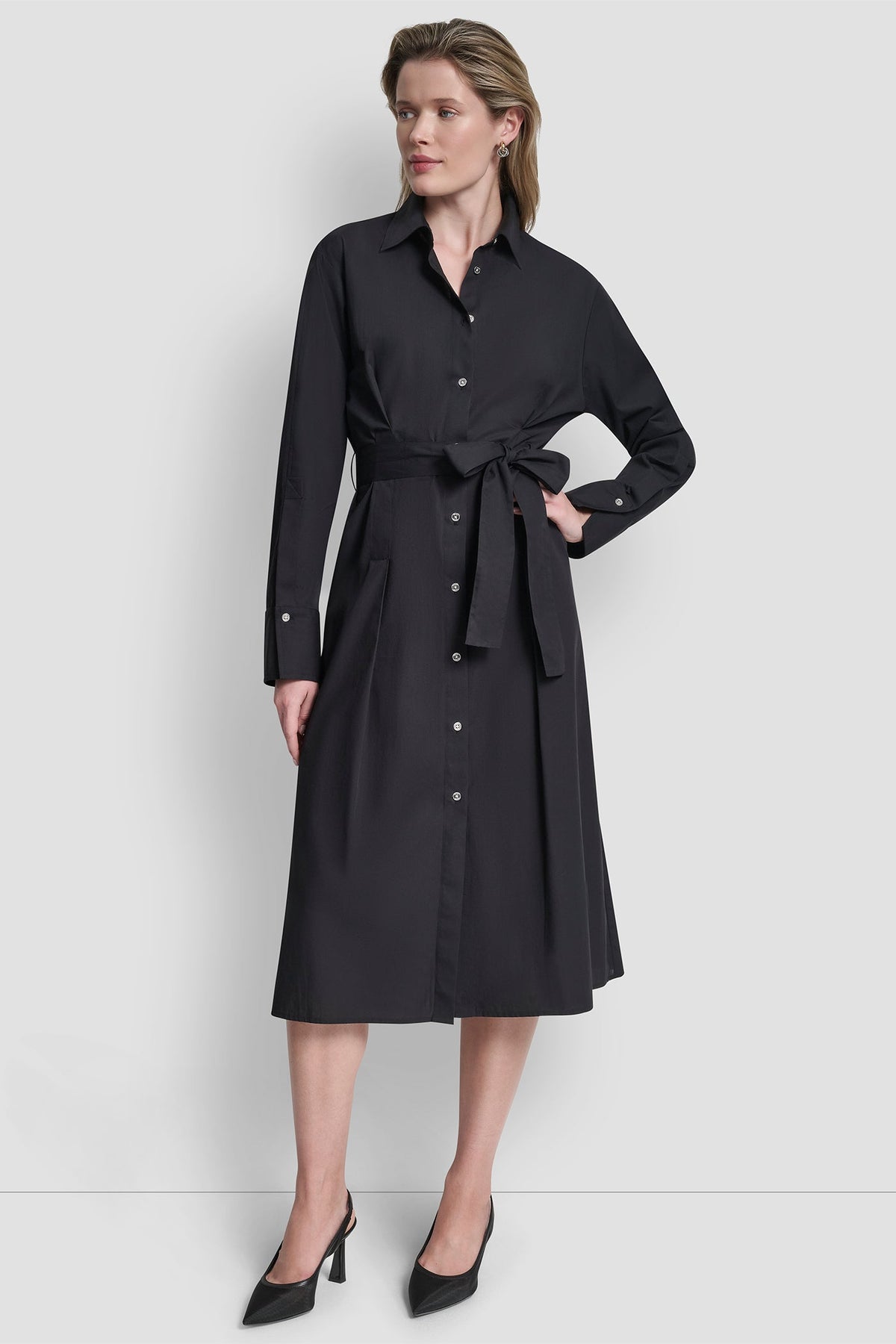 Black DKNY BUTTON DOWN MIDI SHIRT DRESS