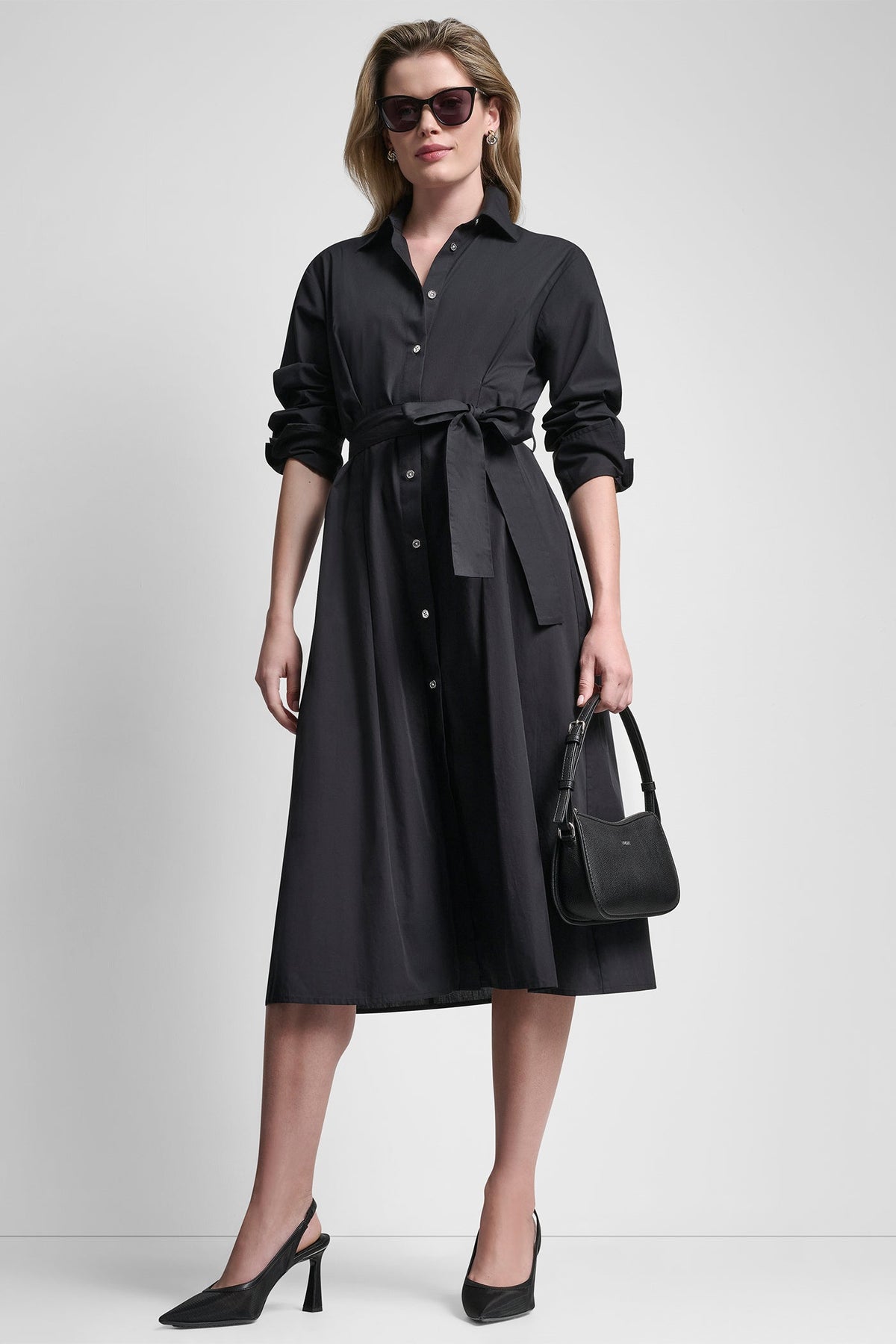 Black DKNY BUTTON DOWN MIDI SHIRT DRESS