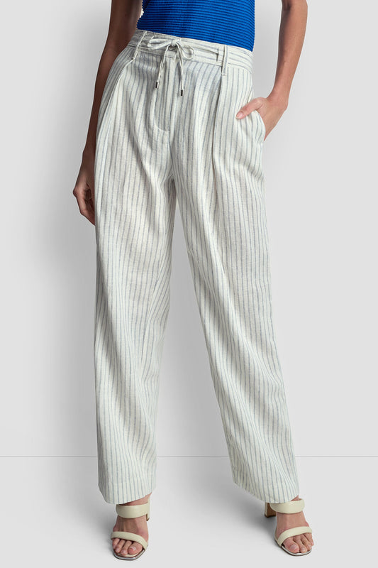Ivory/Admiral DKNY MID-RISE LINEN-BLEND PINSTRIPED PLEATED WIDE-LEG PANT