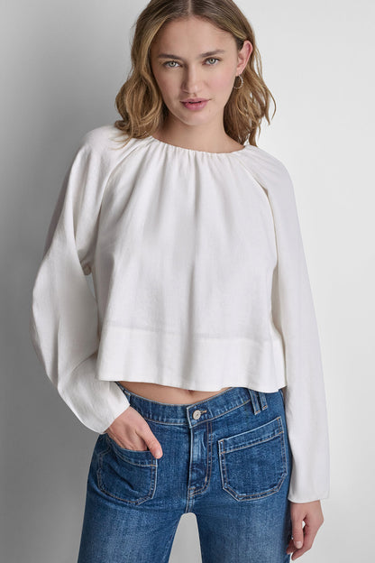 Frost Blue DKNY LINEN-BLEND RAGLAN SLEEVE BLOUSE